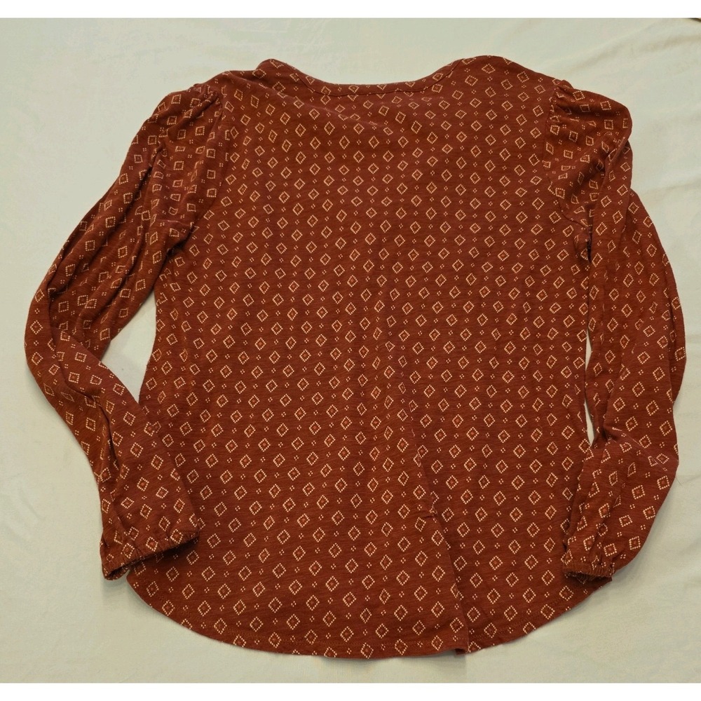 LUCKY BRAND Diamond Print Tie Front Long Sleeve Loose Fit Top Rust Size Small - Picture 6 of 6
